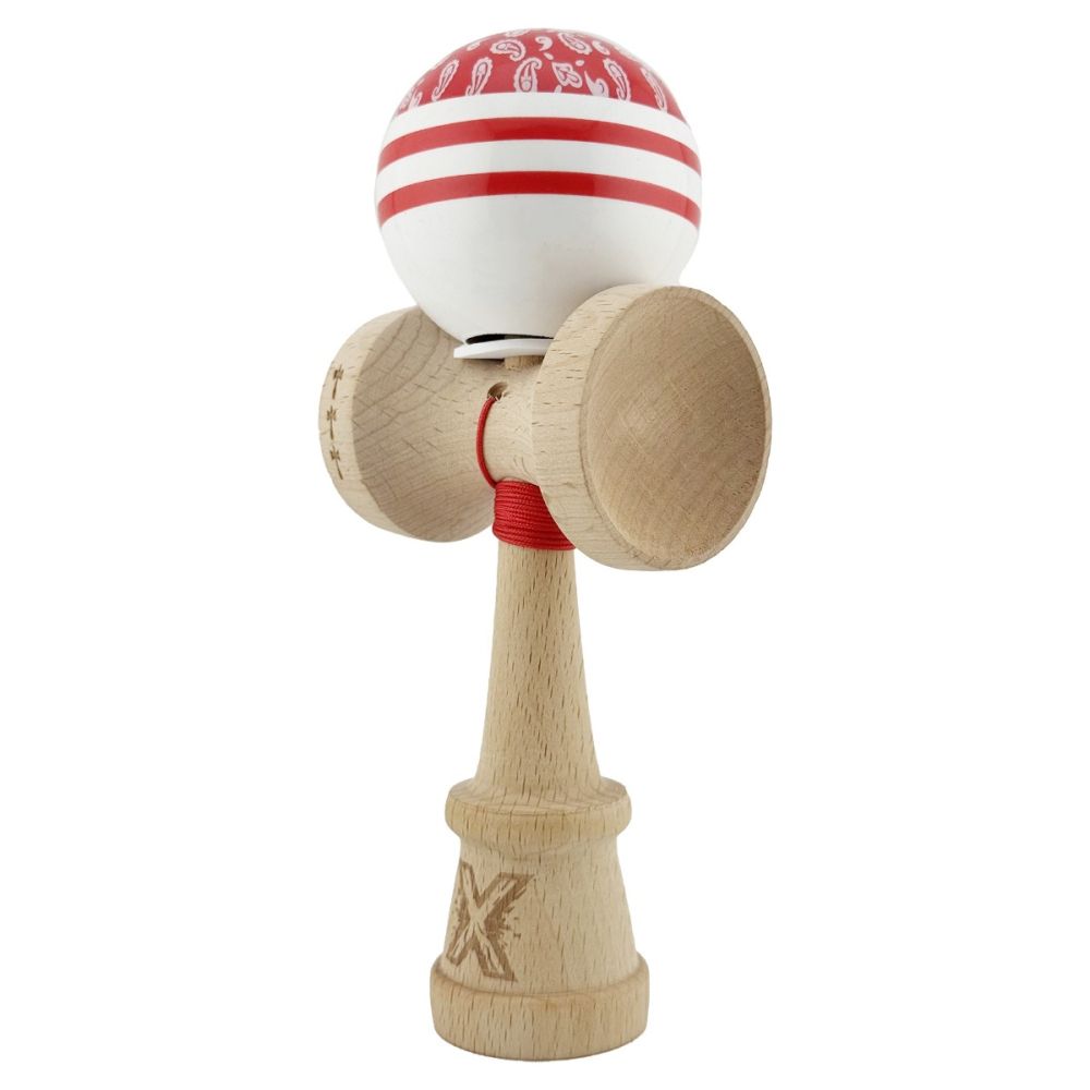 Jucarie de indemanare din lemn, Kendama X, Flippy, Chicanos, King Size V3, Super Sticky, 18 cm, Rosu, Alb
