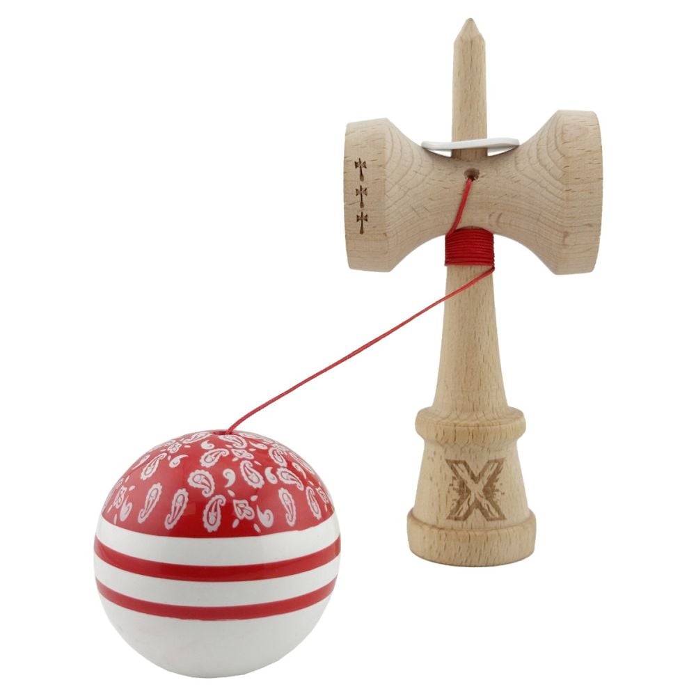 Jucarie de indemanare din lemn, Kendama X, Flippy, Chicanos, King Size V3, Super Sticky, 18 cm, Rosu, Alb