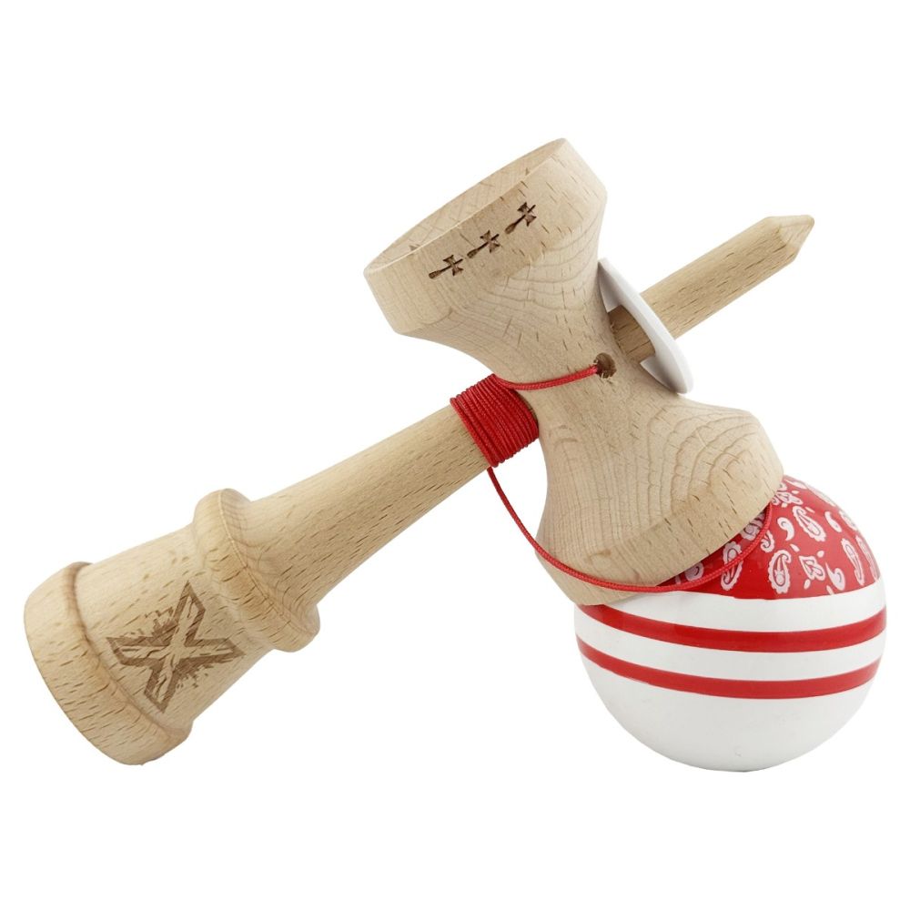 Jucarie de indemanare din lemn, Kendama X, Flippy, Chicanos, King Size V3, Super Sticky, 18 cm, Rosu, Alb