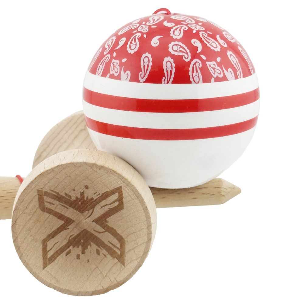 Jucarie de indemanare din lemn, Kendama X, Flippy, Chicanos, King Size V3, Super Sticky, 18 cm, Rosu, Alb