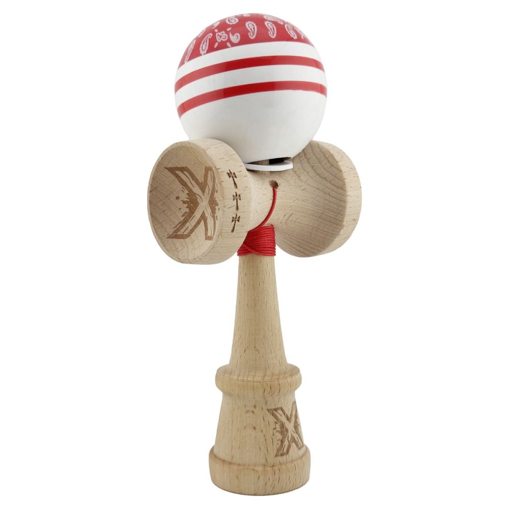 Jucarie de indemanare din lemn, Kendama X, Flippy, Chicanos, King Size V3, Super Sticky, 18 cm, Rosu, Alb