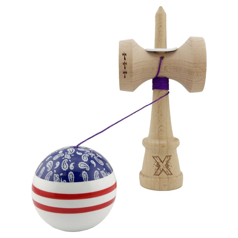 Jucarie de indemanare din lemn, Kendama X, Flippy, Chicanos, King Size V3, Super Sticky, 18 cm, Mov, Alb