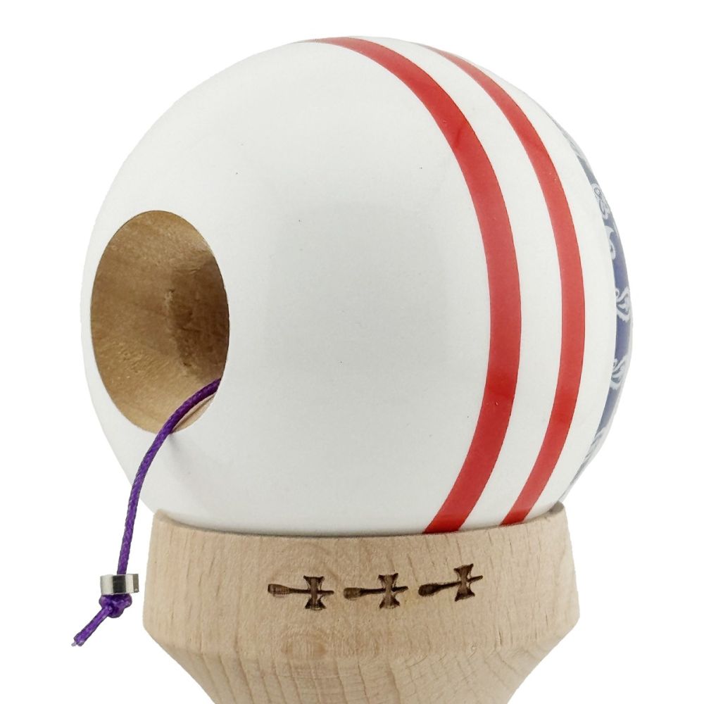 Jucarie de indemanare din lemn, Kendama X, Flippy, Chicanos, King Size V3, Super Sticky, 18 cm, Mov, Alb