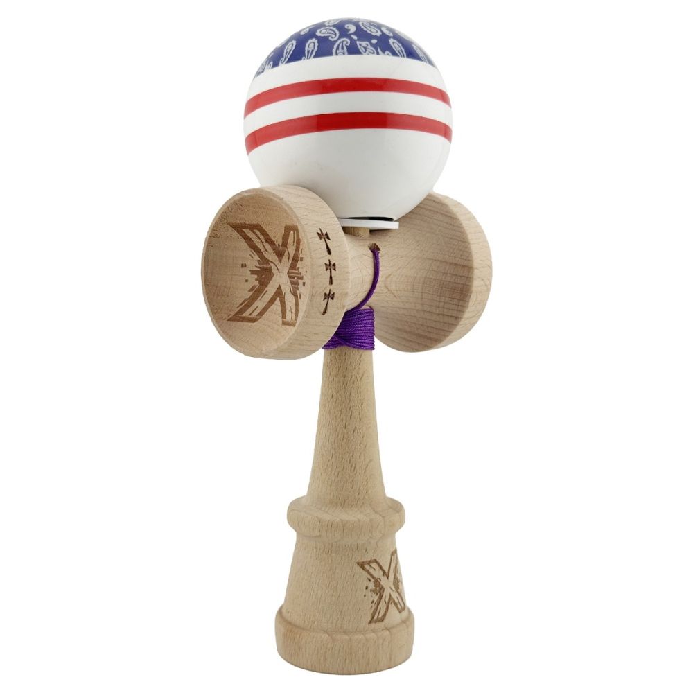 Jucarie de indemanare din lemn, Kendama X, Flippy, Chicanos, King Size V3, Super Sticky, 18 cm, Mov, Alb