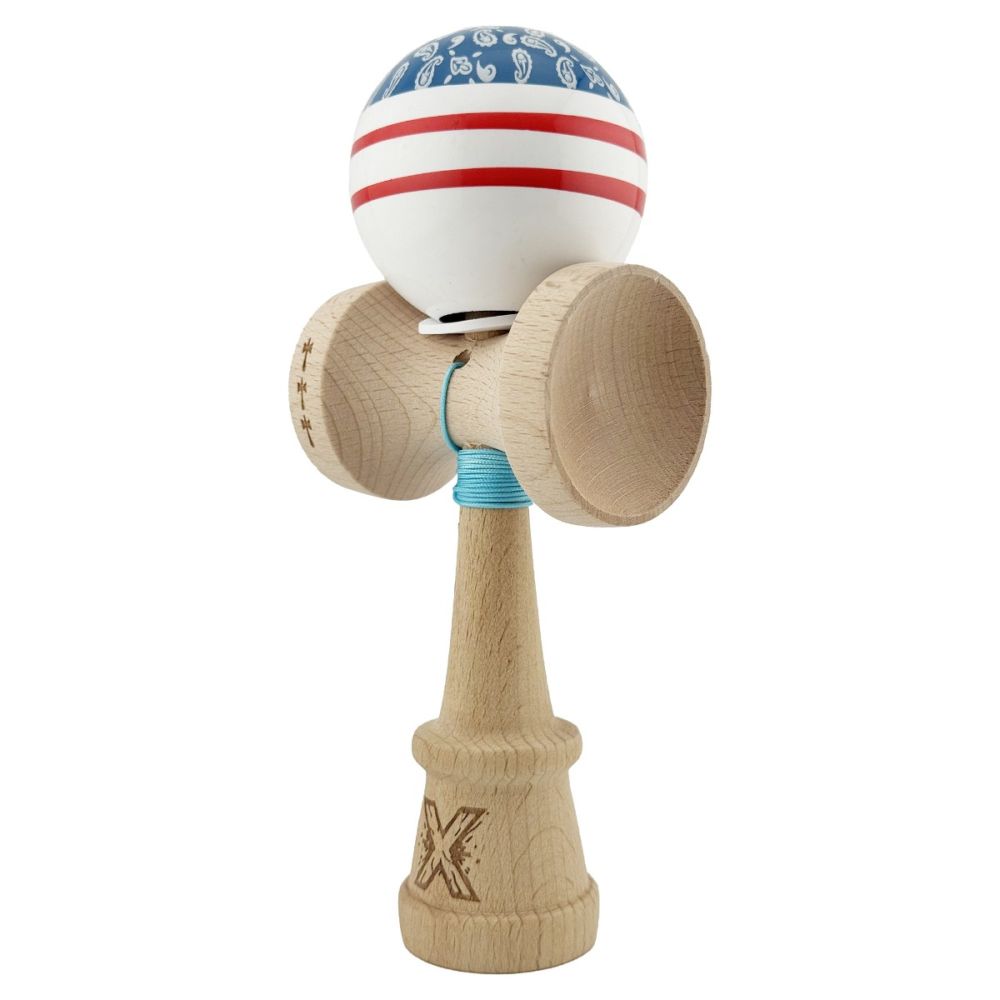 Jucarie de indemanare din lemn, Kendama X, Flippy, Chicanos, King Size V3, Super Sticky, 18 cm, Albastru, Alb