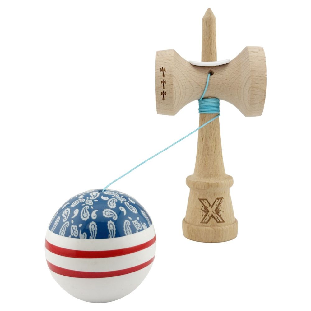 Jucarie de indemanare din lemn, Kendama X, Flippy, Chicanos, King Size V3, Super Sticky, 18 cm, Albastru, Alb