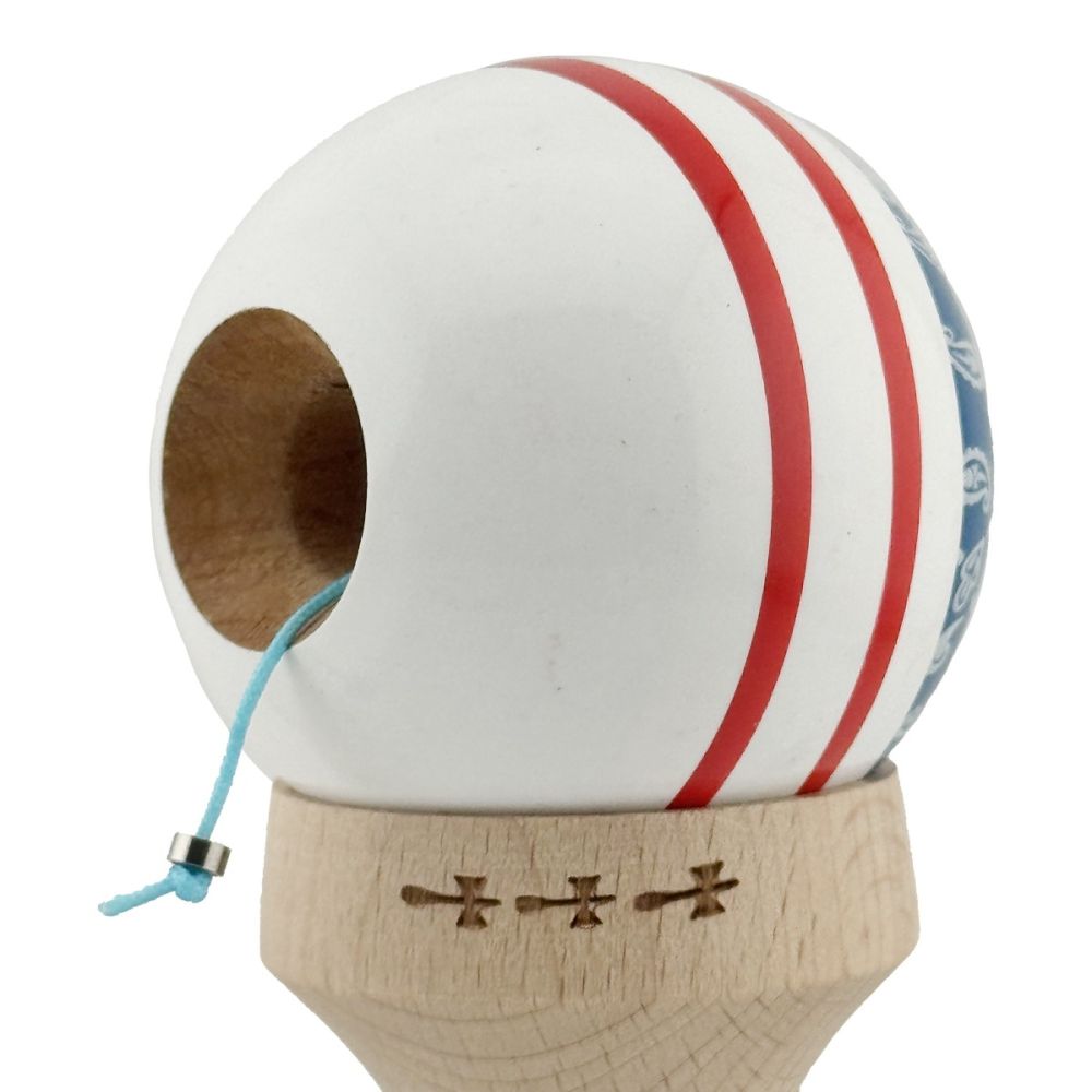 Jucarie de indemanare din lemn, Kendama X, Flippy, Chicanos, King Size V3, Super Sticky, 18 cm, Albastru, Alb