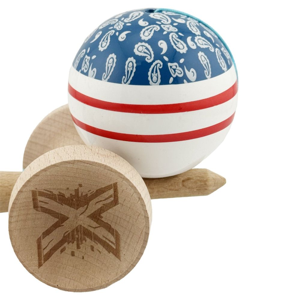Jucarie de indemanare din lemn, Kendama X, Flippy, Chicanos, King Size V3, Super Sticky, 18 cm, Albastru, Alb