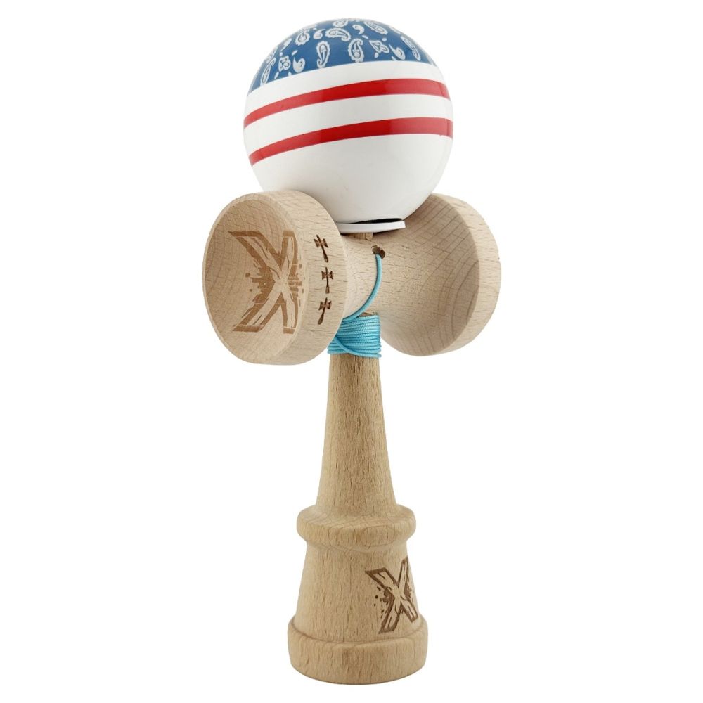 Jucarie de indemanare din lemn, Kendama X, Flippy, Chicanos, King Size V3, Super Sticky, 18 cm, Albastru, Alb