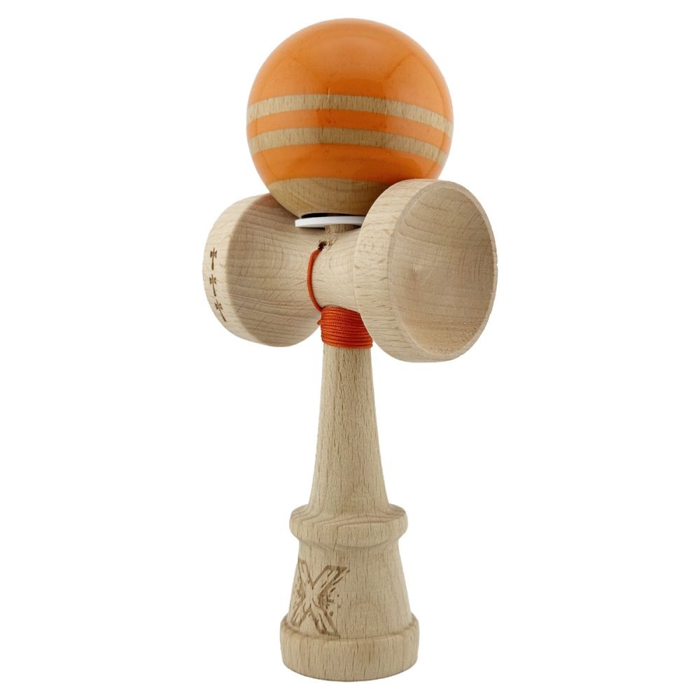 Jucarie de indemanare din lemn, Kendama X, Flippy, Rainbow, King Size V3, Super Sticky, 18 cm, Portocaliu, Maro