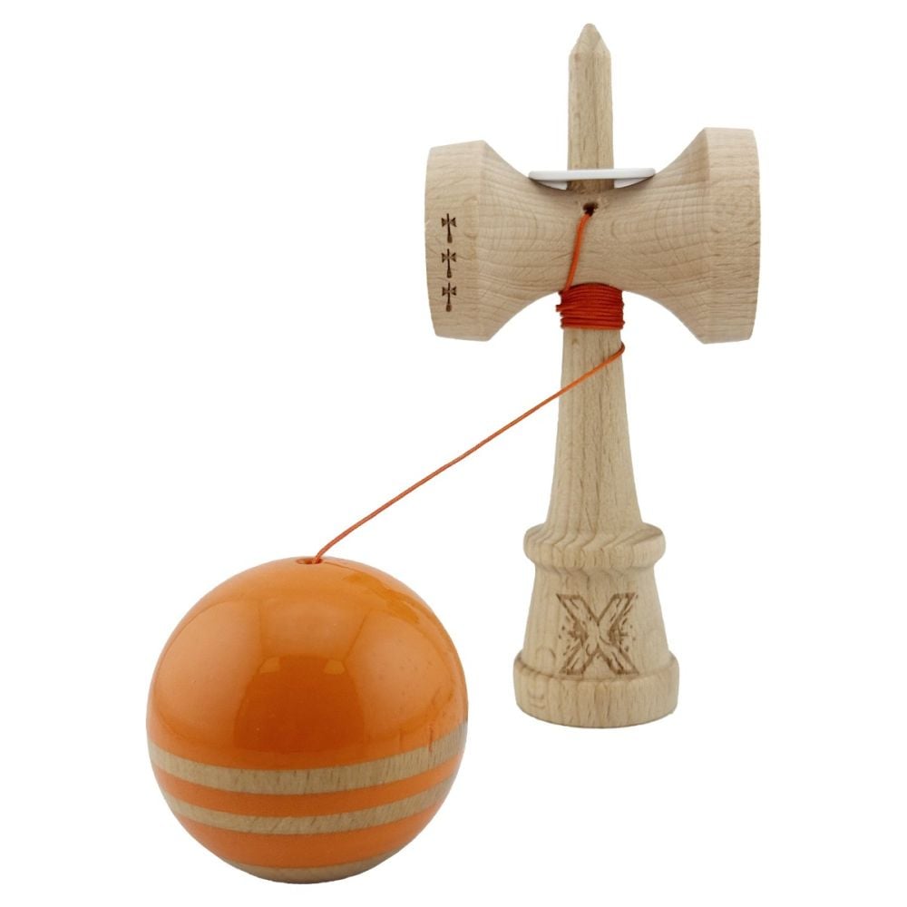 Jucarie de indemanare din lemn, Kendama X, Flippy, Rainbow, King Size V3, Super Sticky, 18 cm, Portocaliu, Maro