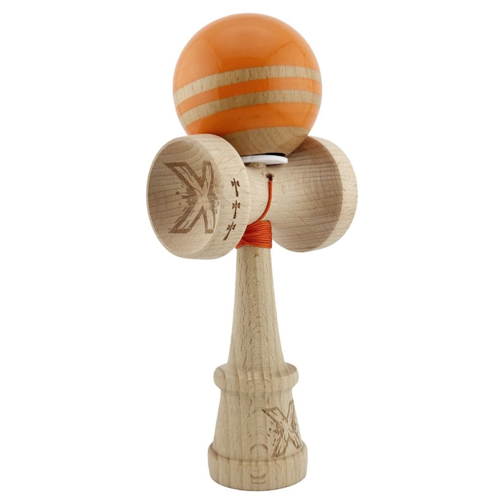 Jucarie de indemanare din lemn, Kendama X, Flippy, Rainbow, King Size V3, Super Sticky, 18 cm, Portocaliu, Maro