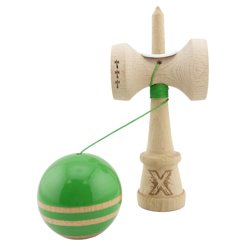 Jucarie de indemanare din lemn, Kendama X, Flippy, Rainbow, King Size V3, Super Sticky, 18 cm, Verde, Maro