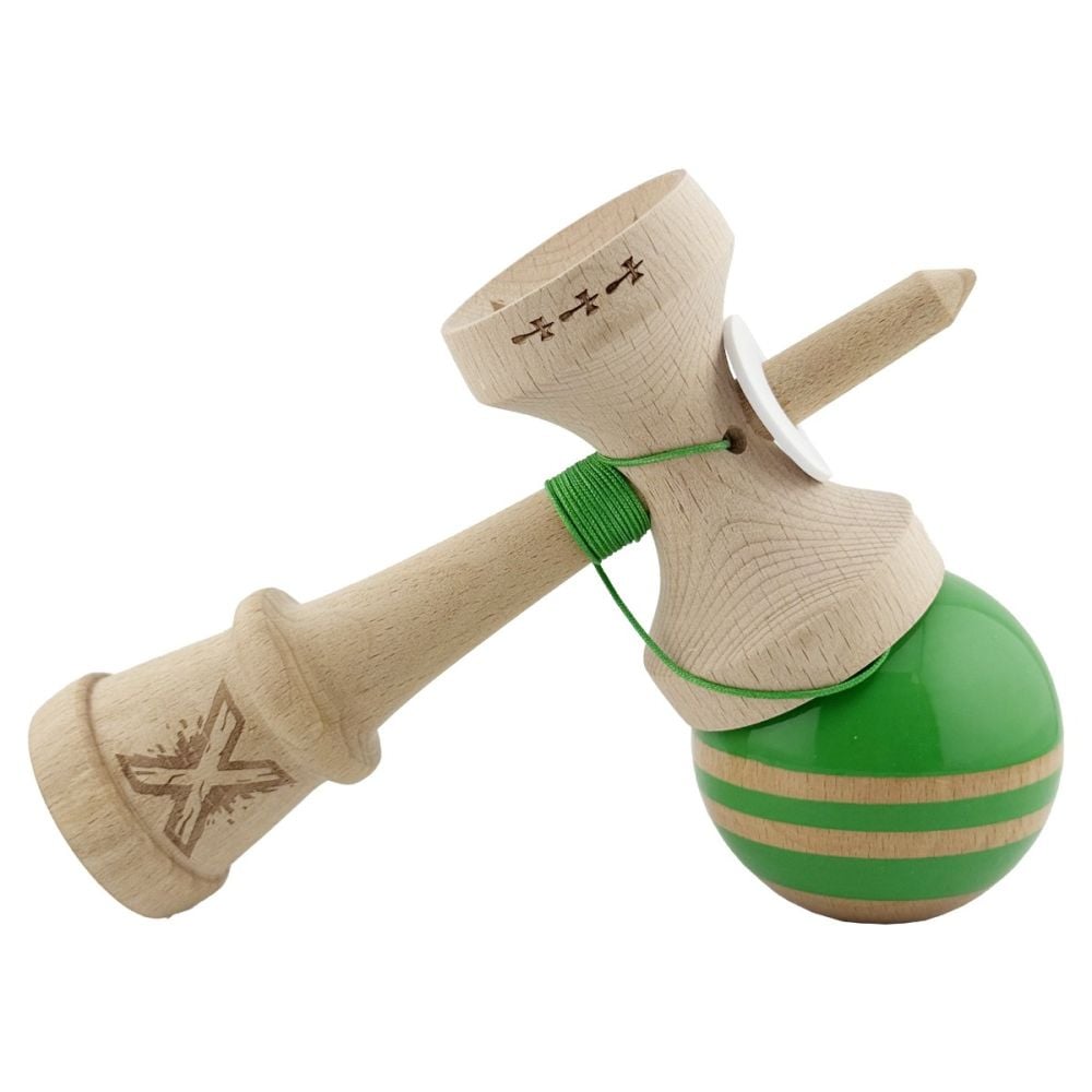 Jucarie de indemanare din lemn, Kendama X, Flippy, Rainbow, King Size V3, Super Sticky, 18 cm, Verde, Maro