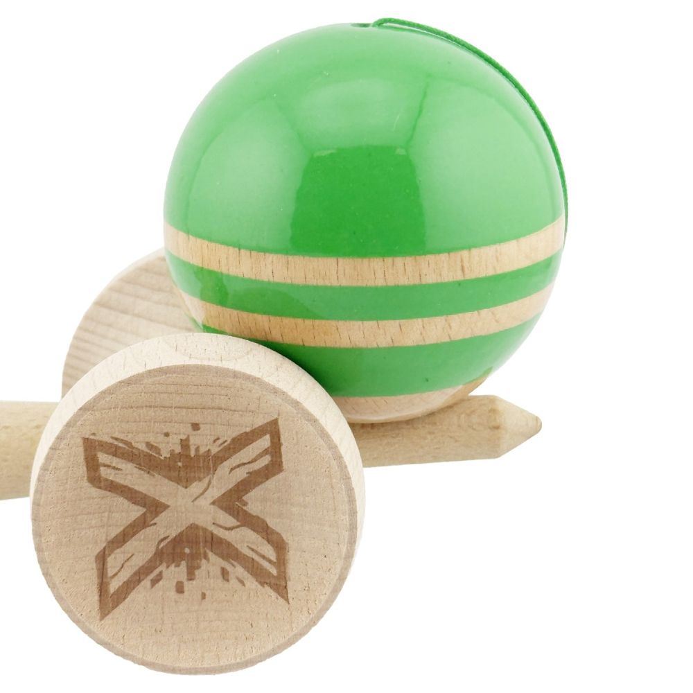 Jucarie de indemanare din lemn, Kendama X, Flippy, Rainbow, King Size V3, Super Sticky, 18 cm, Verde, Maro