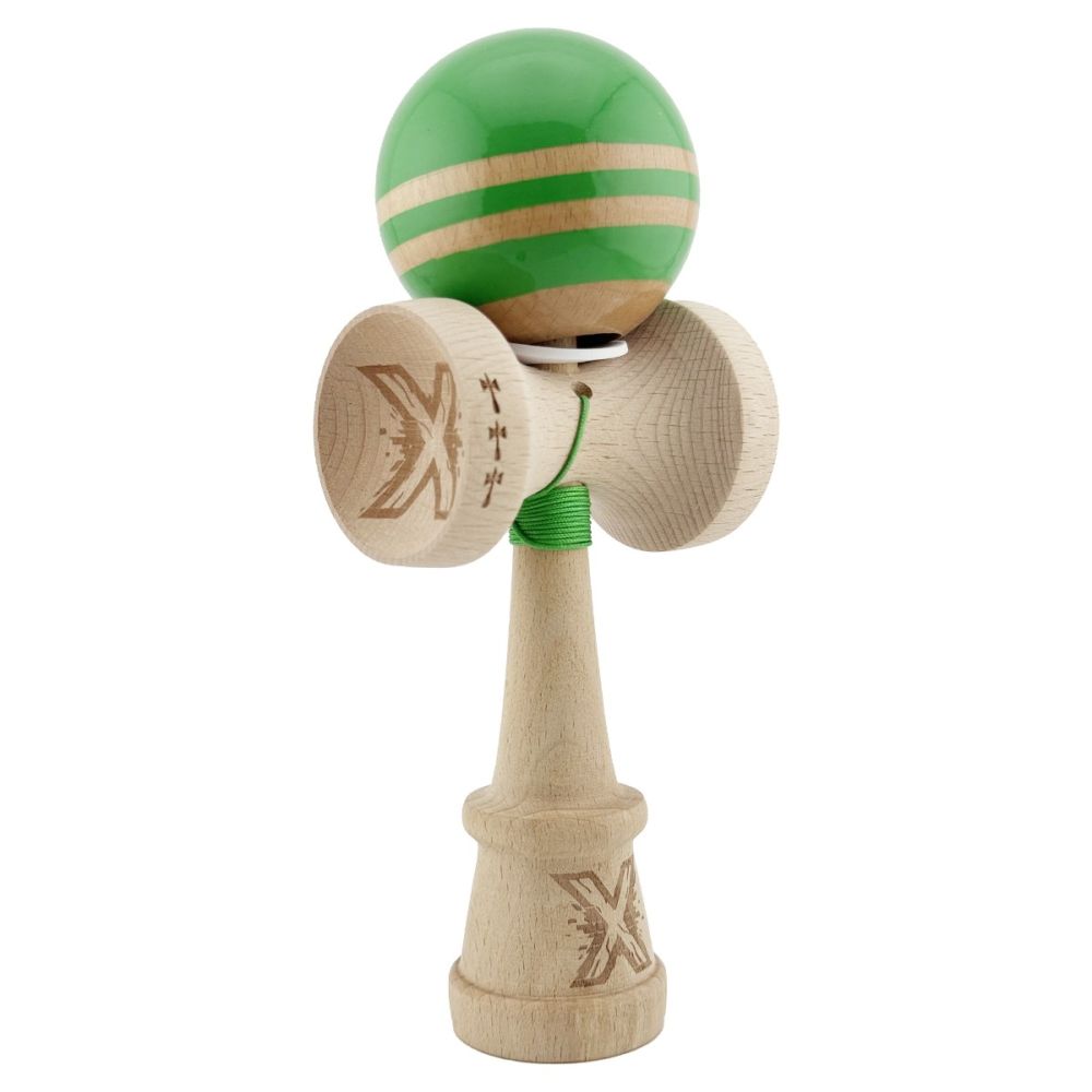 Jucarie de indemanare din lemn, Kendama X, Flippy, Rainbow, King Size V3, Super Sticky, 18 cm, Verde, Maro