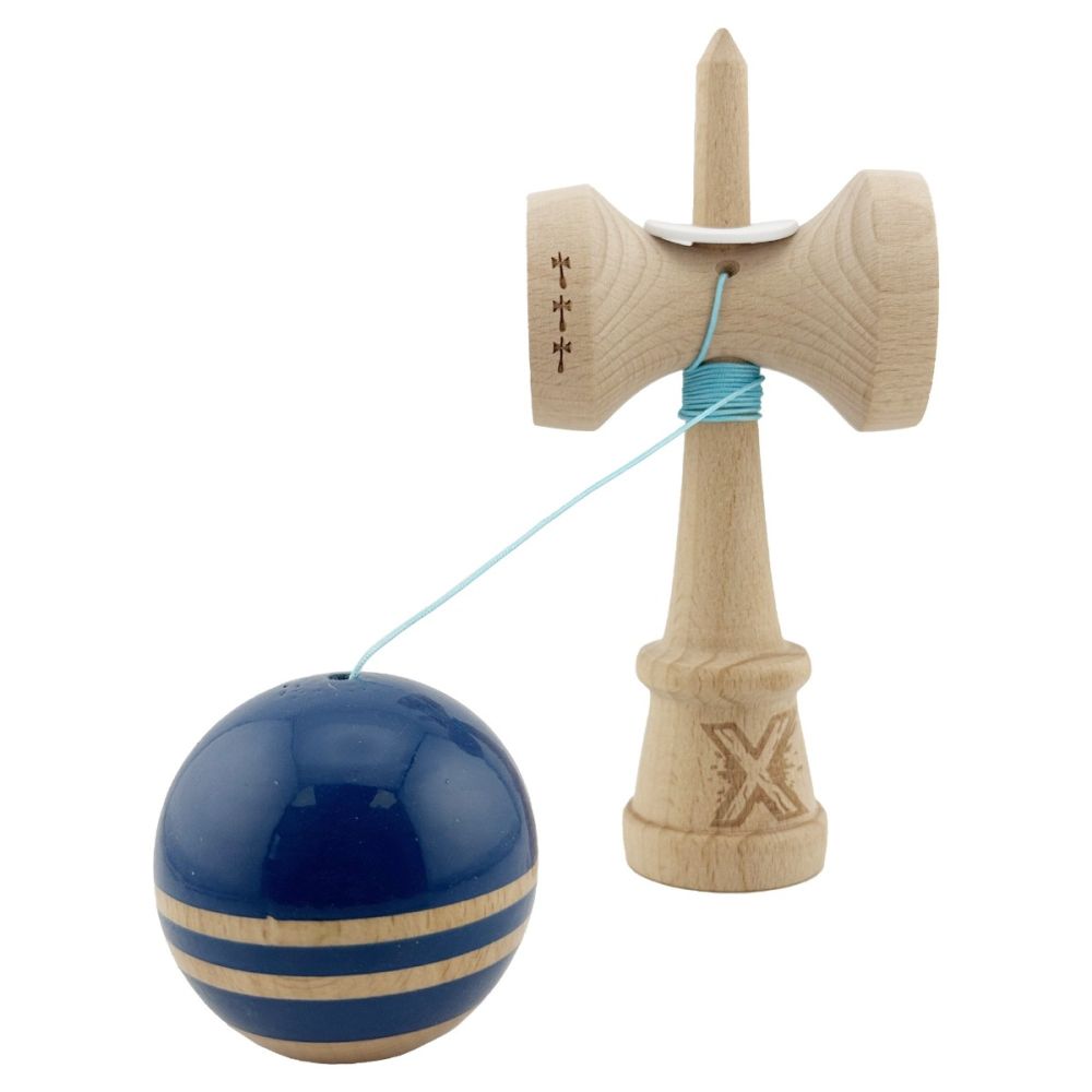 Jucarie de indemanare din lemn, Kendama X, Flippy, Rainbow, King Size V3, Super Sticky, 18 cm, Albastru, Maro
