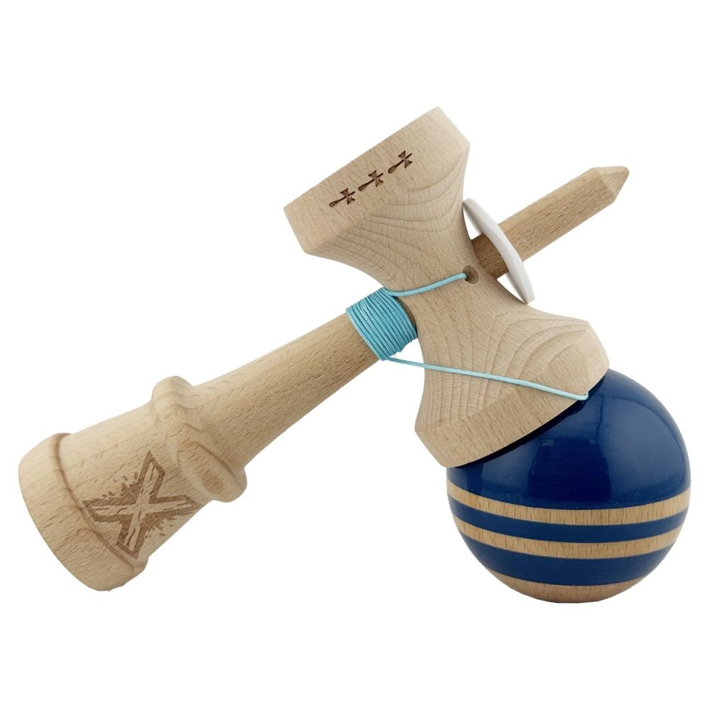 Jucarie de indemanare din lemn, Kendama X, Flippy, Rainbow, King Size V3, Super Sticky, 18 cm, Albastru, Maro