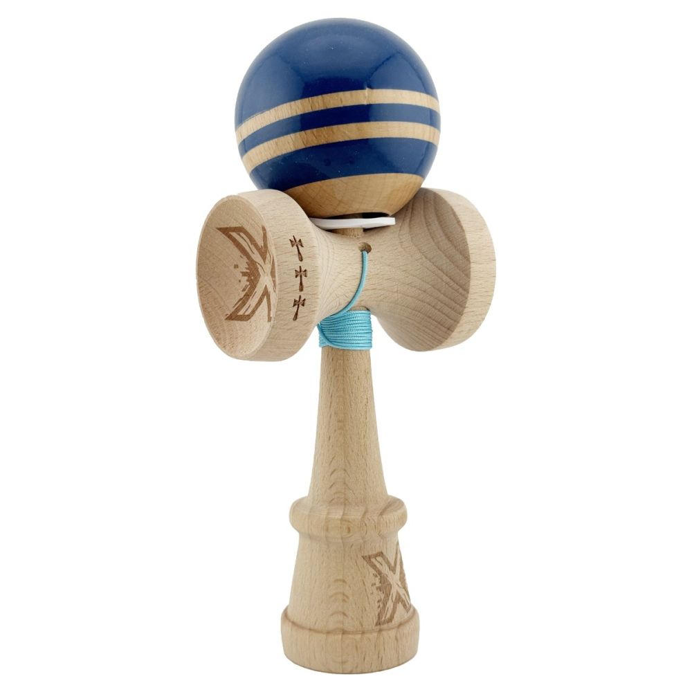 Jucarie de indemanare din lemn, Kendama X, Flippy, Rainbow, King Size V3, Super Sticky, 18 cm, Albastru, Maro