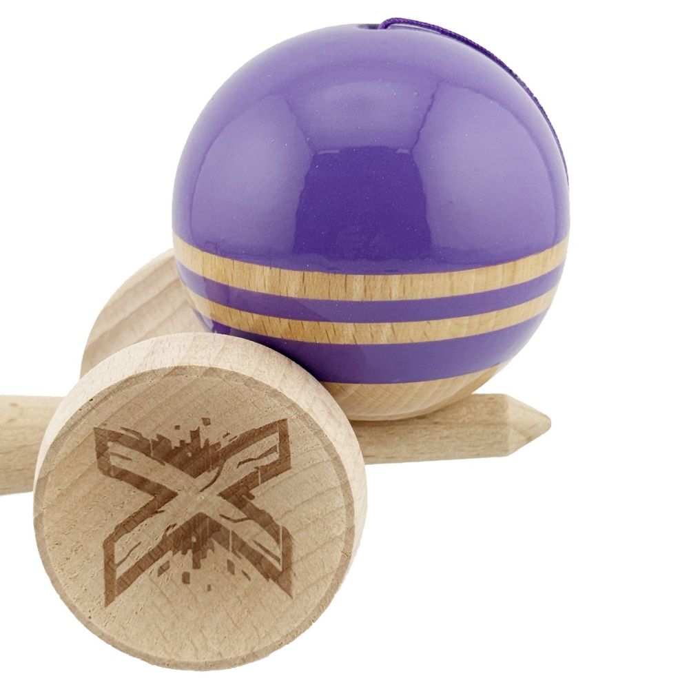 Jucarie de indemanare din lemn, Kendama X, Flippy, Rainbow, King Size V3, Super Sticky, 18 cm, Indigo, Maro