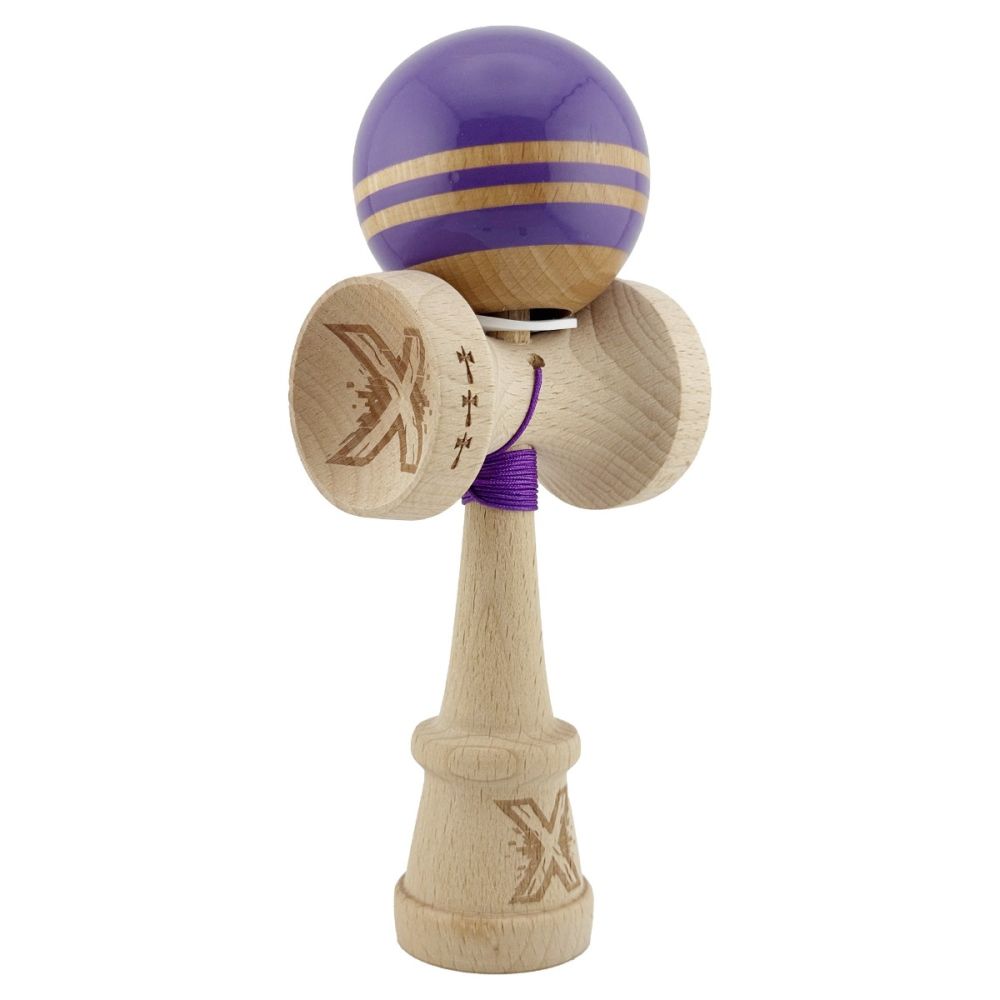 Jucarie de indemanare din lemn, Kendama X, Flippy, Rainbow, King Size V3, Super Sticky, 18 cm, Indigo, Maro