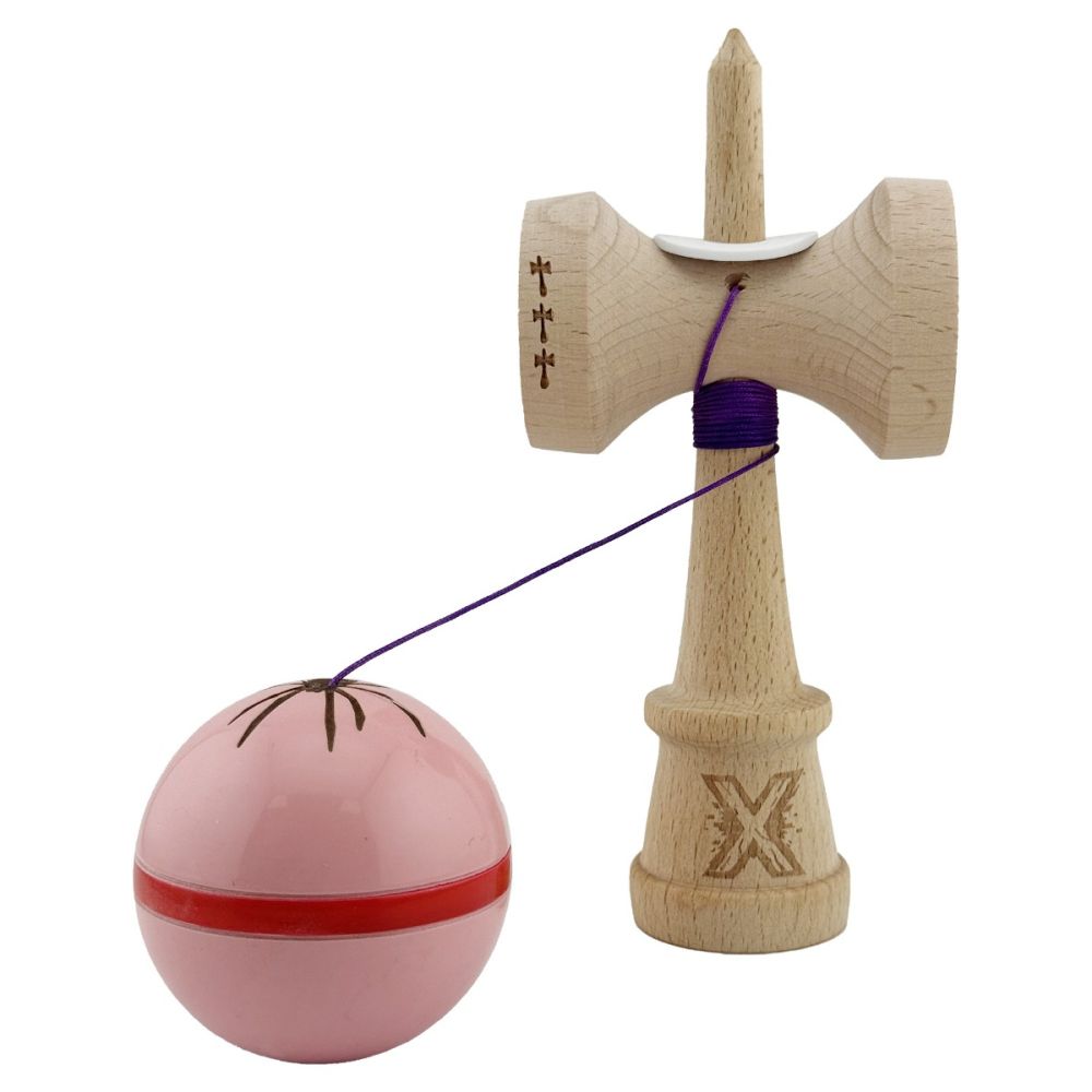 Jucarie de indemanare din lemn, Kendama X, Flippy, Silken, King Size V3, Super Sticky, 18 cm, Roz