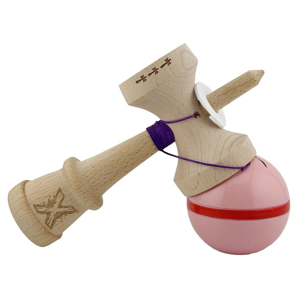Jucarie de indemanare din lemn, Kendama X, Flippy, Silken, King Size V3, Super Sticky, 18 cm, Roz