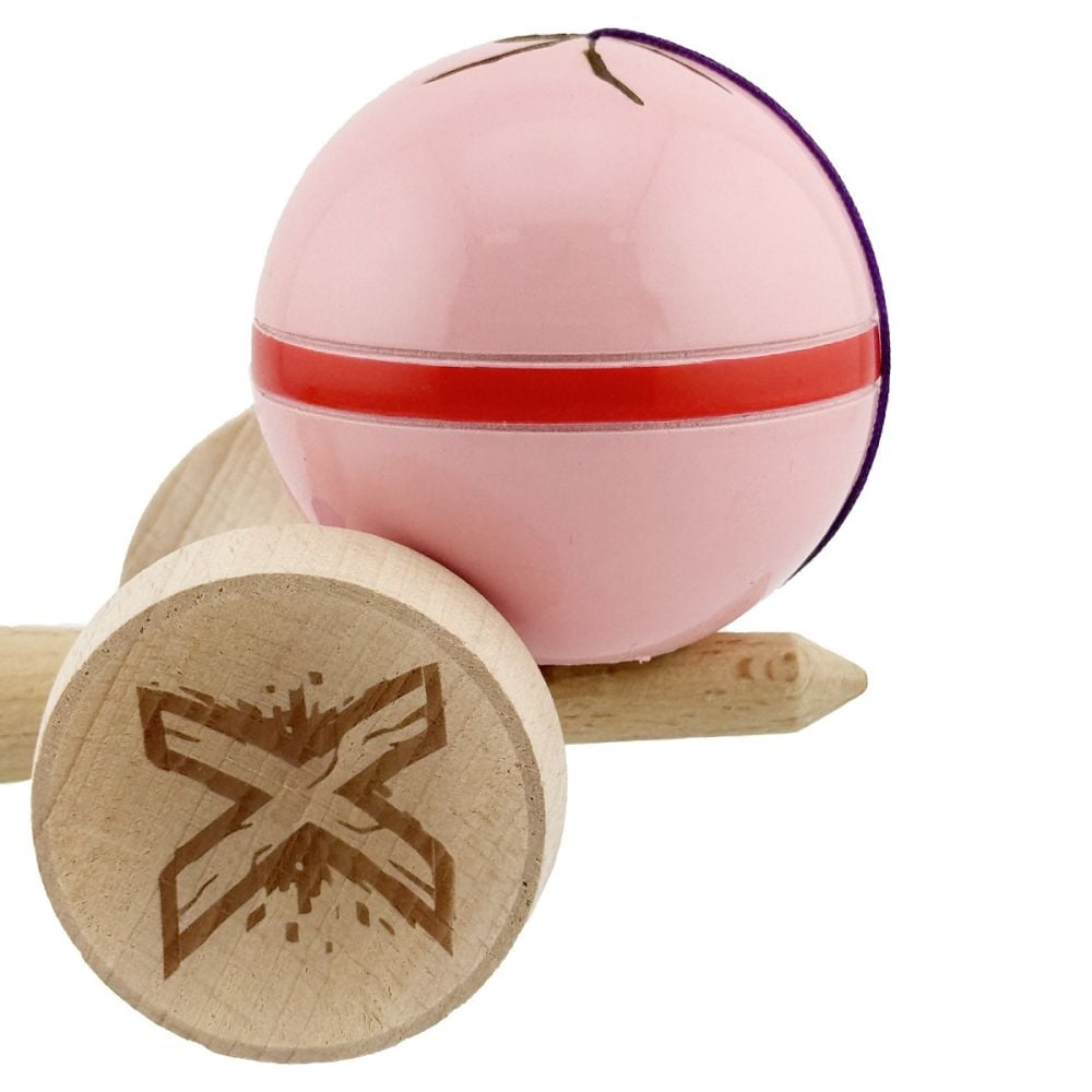 Jucarie de indemanare din lemn, Kendama X, Flippy, Silken, King Size V3, Super Sticky, 18 cm, Roz