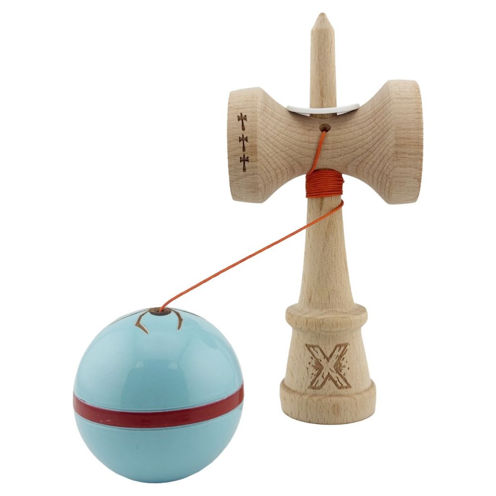 Jucarie de indemanare din lemn, Kendama X, Flippy, Silken, King Size V3, Super Sticky, 18 cm, Albastru