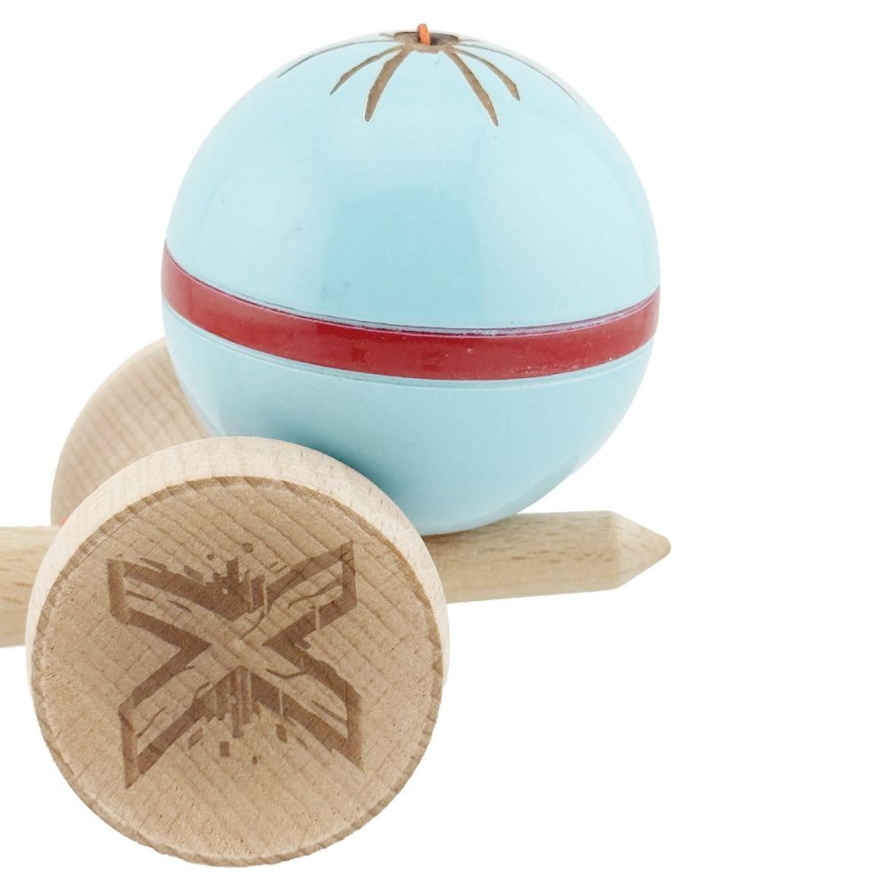 Jucarie de indemanare din lemn, Kendama X, Flippy, Silken, King Size V3, Super Sticky, 18 cm, Albastru