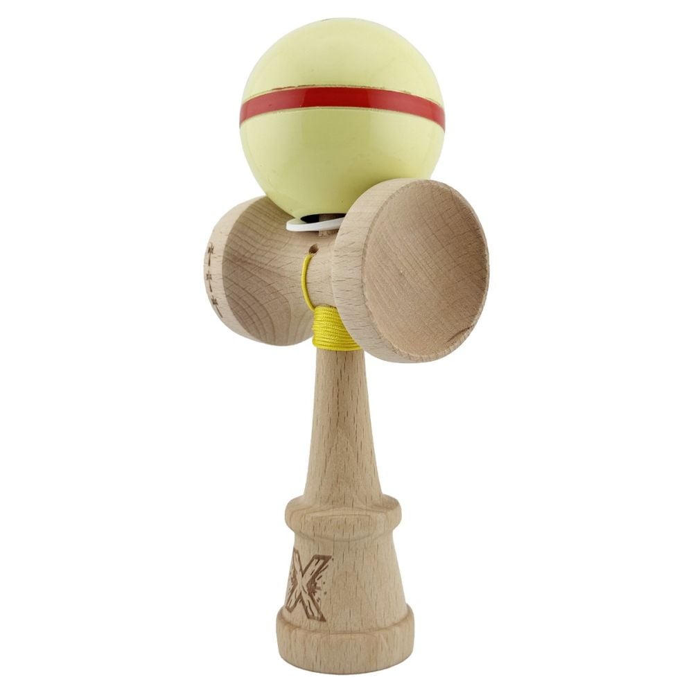 Jucarie de indemanare din lemn, Kendama X, Flippy, Silken, King Size V3, Super Sticky, 18 cm, Cream Galben