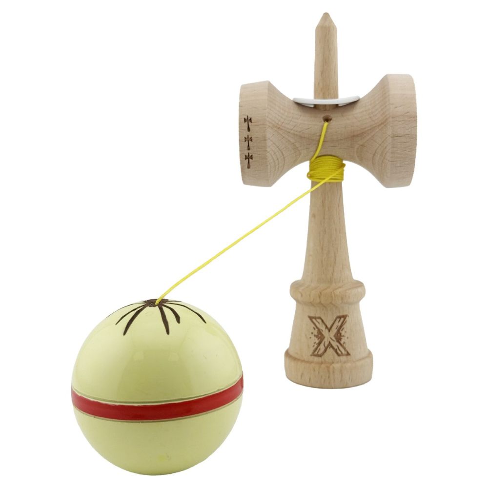 Jucarie de indemanare din lemn, Kendama X, Flippy, Silken, King Size V3, Super Sticky, 18 cm, Cream Galben