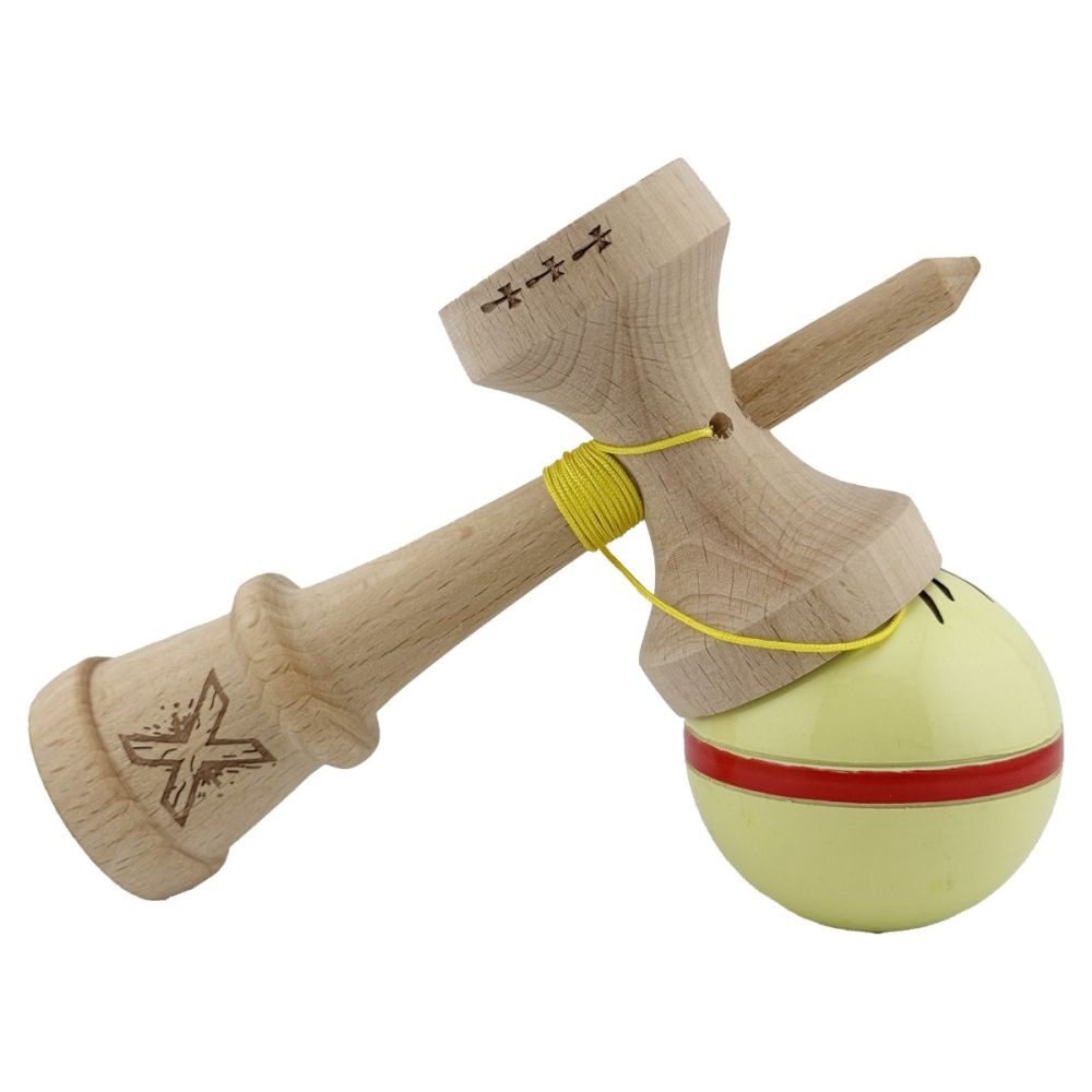 Jucarie de indemanare din lemn, Kendama X, Flippy, Silken, King Size V3, Super Sticky, 18 cm, Cream Galben