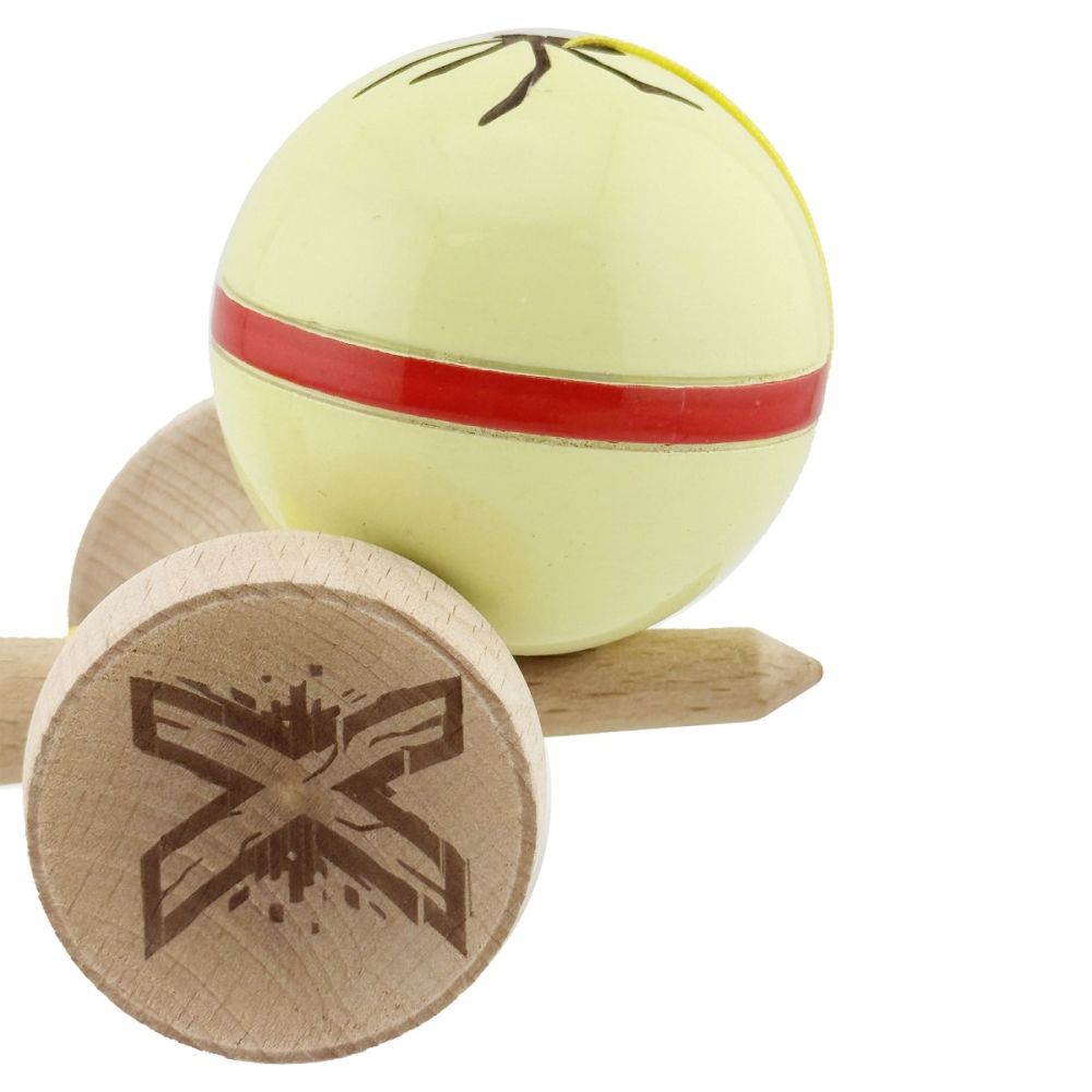 Jucarie de indemanare din lemn, Kendama X, Flippy, Silken, King Size V3, Super Sticky, 18 cm, Cream Galben