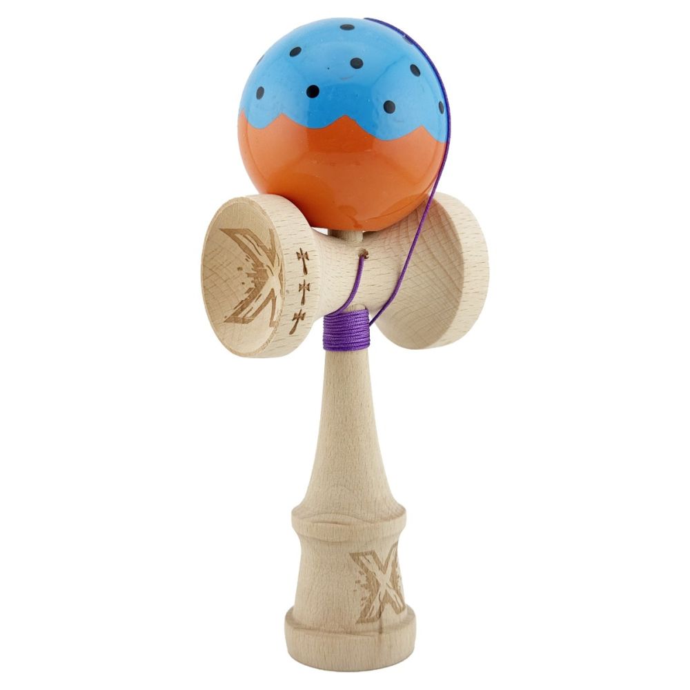 Jucarie de indemanare din lemn, Kendama X, Flippy, Big Cups V2, Super Sticky, 18 cm, Albastru, Portocaliu