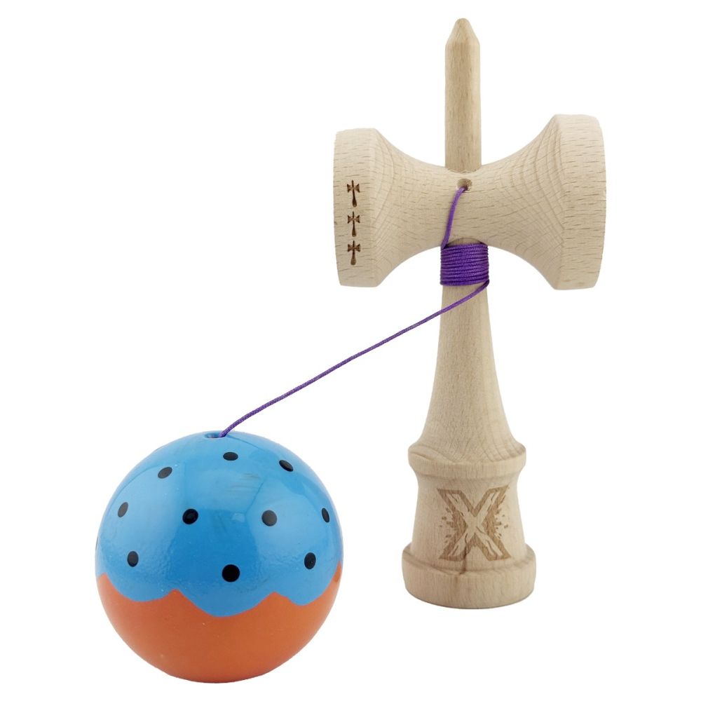 Jucarie de indemanare din lemn, Kendama X, Flippy, Big Cups V2, Super Sticky, 18 cm, Albastru, Portocaliu