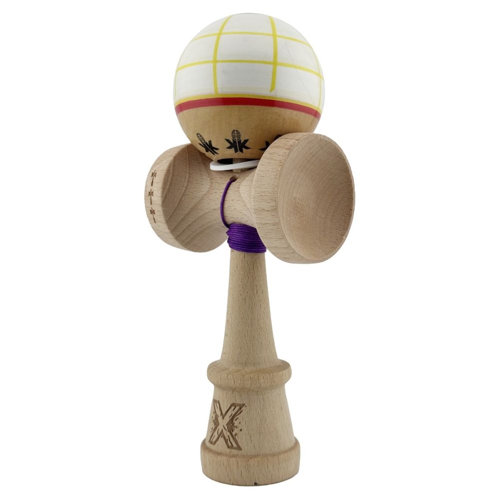 Jucarie de indemanare din lemn, Kendama X, Flippy, Legendary Glob, King Size V3, 18 cm, Alb, Galben, Rosu