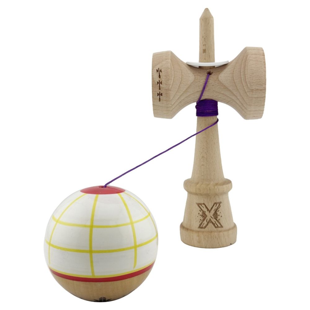 Jucarie de indemanare din lemn, Kendama X, Flippy, Legendary Glob, King Size V3, 18 cm, Alb, Galben, Rosu