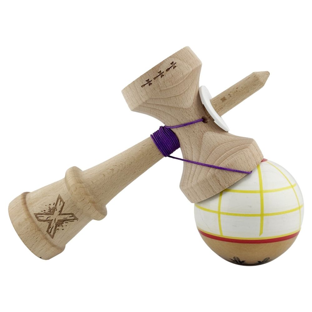 Jucarie de indemanare din lemn, Kendama X, Flippy, Legendary Glob, King Size V3, 18 cm, Alb, Galben, Rosu