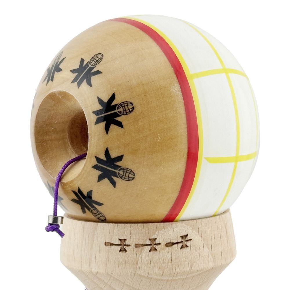 Jucarie de indemanare din lemn, Kendama X, Flippy, Legendary Glob, King Size V3, 18 cm, Alb, Galben, Rosu
