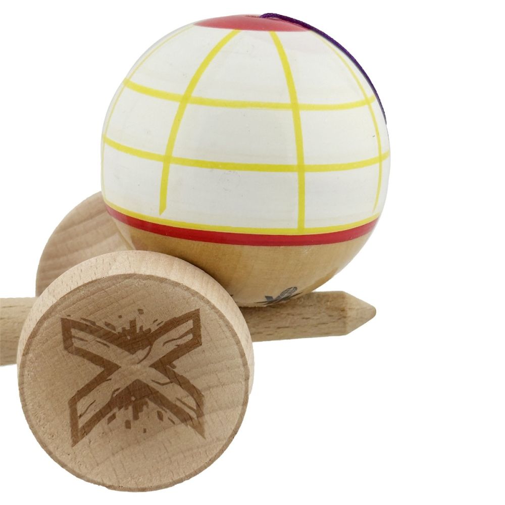 Jucarie de indemanare din lemn, Kendama X, Flippy, Legendary Glob, King Size V3, 18 cm, Alb, Galben, Rosu