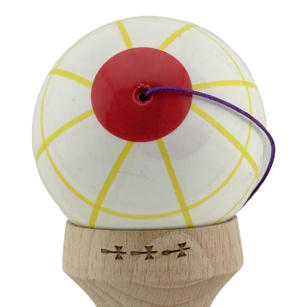 Jucarie de indemanare din lemn, Kendama X, Flippy, Legendary Glob, King Size V3, 18 cm, Alb, Galben, Rosu