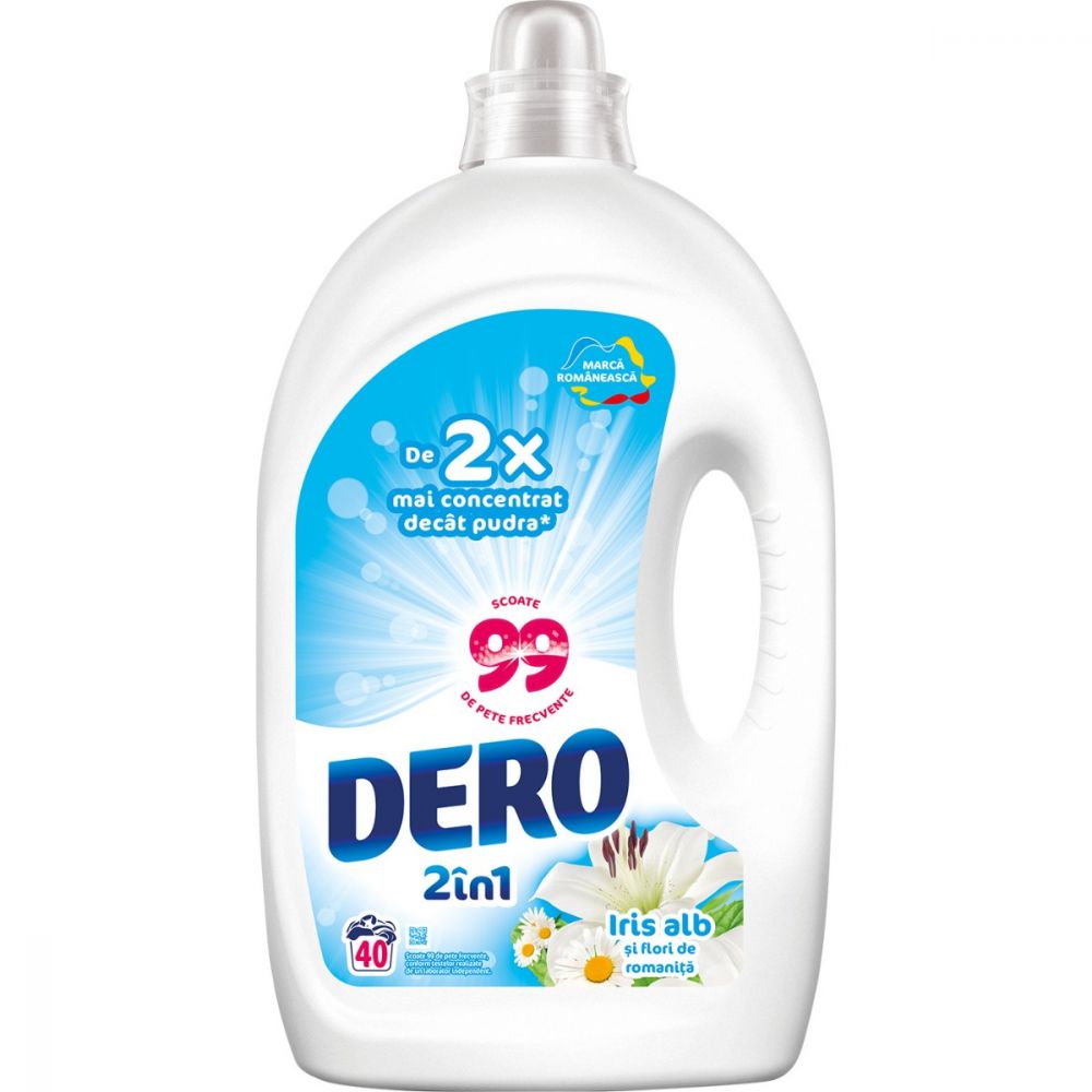 Detergent lichid Dero 2 in 1 Iris Alb, 40 spalari, 2 L