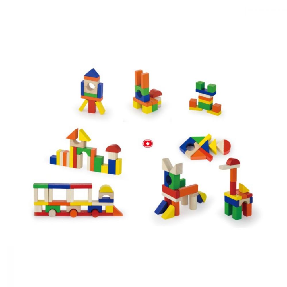 Set 100 cuburi de construit, Viga, din lemn, colorate, 2.5 cm