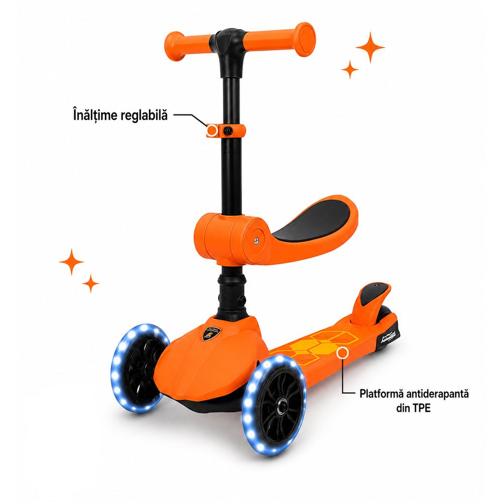Trotineta pliabila cu 3 roti luminoase, ghidon reglabil si scaun retractabil, 2 in 1, Kick'n Roll, Lamborghini L5, Portocaliu