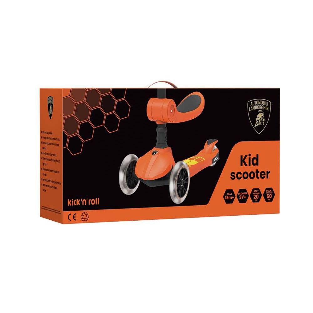 Trotineta pliabila cu 3 roti luminoase, ghidon reglabil si scaun retractabil, 2 in 1, Kick'n Roll, Lamborghini L5, Portocaliu