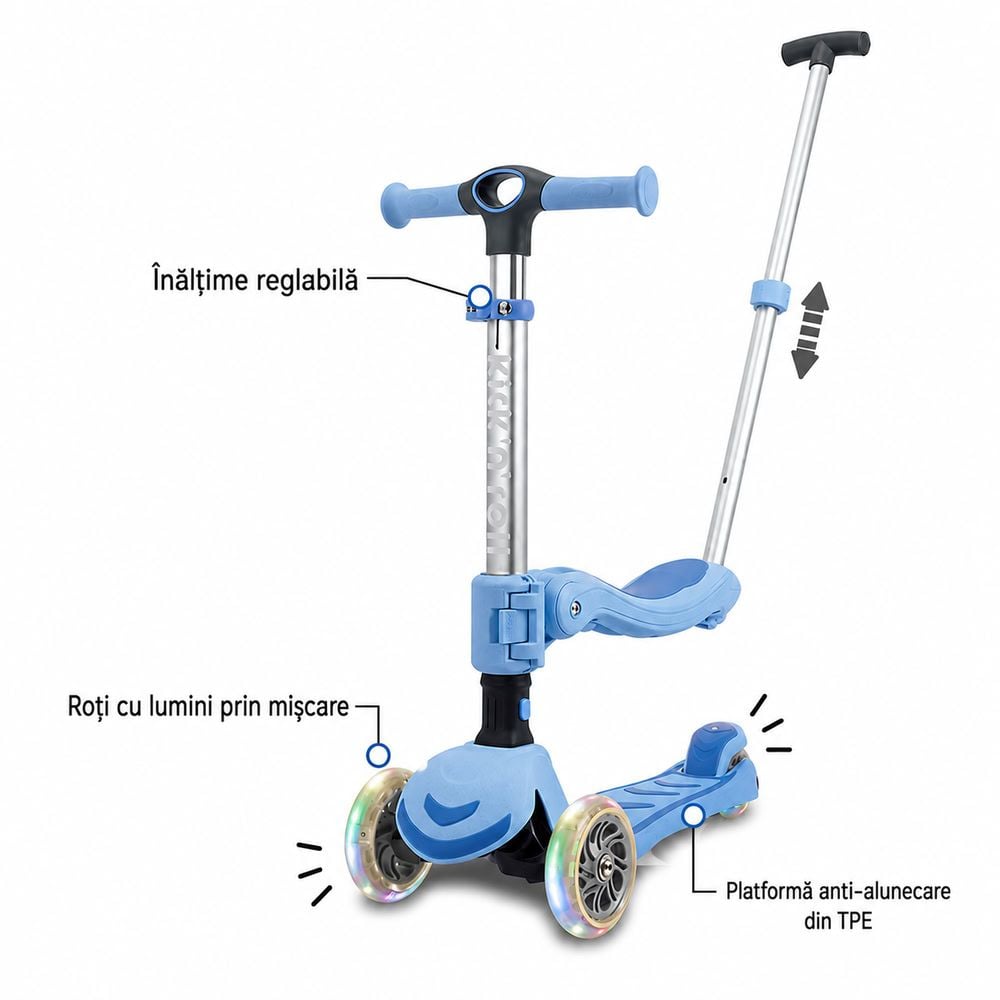 Trotineta pliabila cu 3 roti luminoase, ghidon reglabil si scaun detasabil, 3 in 1, Kick'n Roll S6, Eco, Albastru