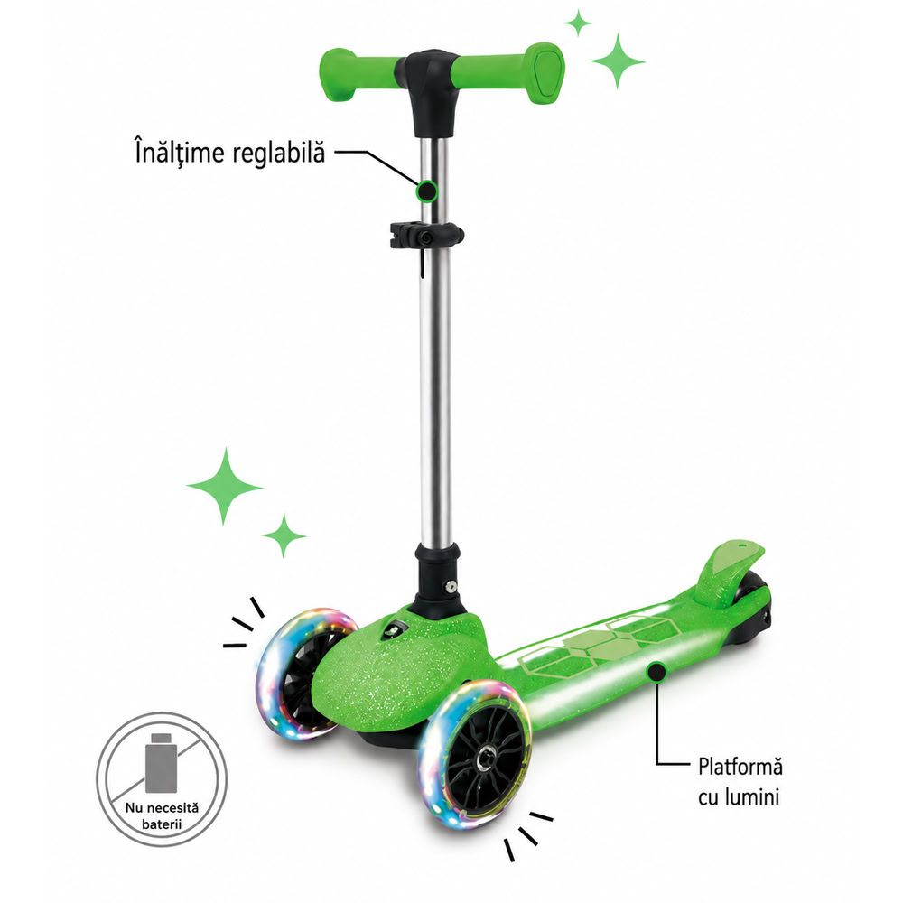 Trotineta pliabila cu 3 roti luminoase, ghidon reglabil si platforma cu banda LED, Kick'n Roll, L5 Jelly, Verde