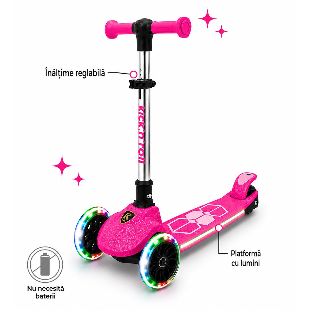 Trotineta pliabila cu 3 roti luminoase, ghidon reglabil si platforma cu banda LED, Kick'n Roll, L5 Jelly, Roz