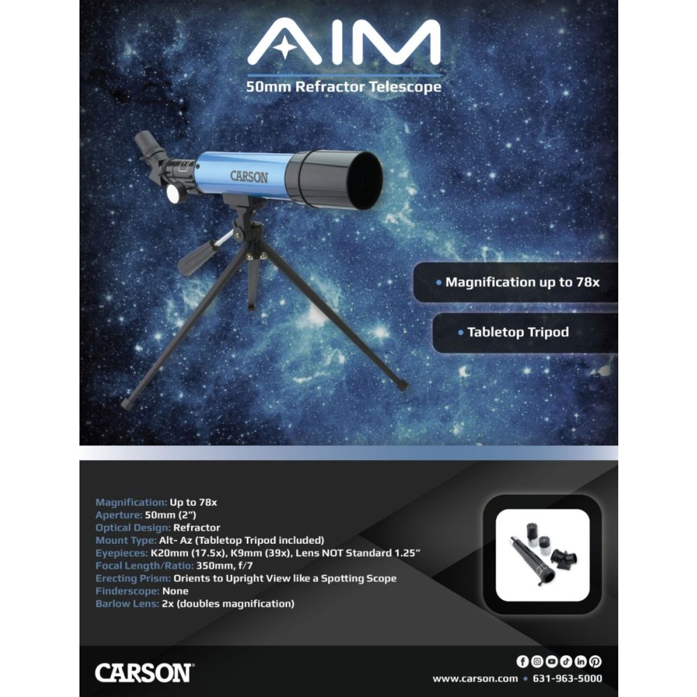 Telescop refractor, Carson, 50 mm, cu zoom 20-80x si trepied de masa